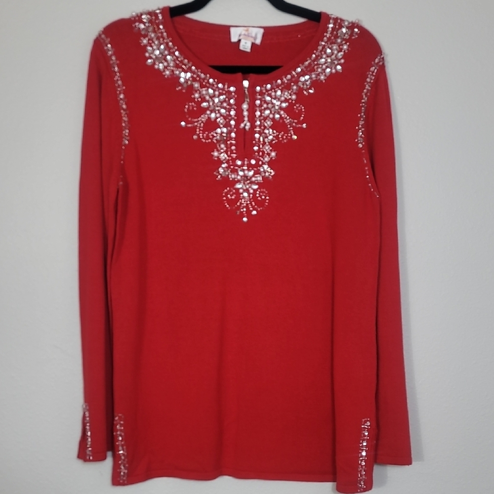 Quacker Factory Sequin Sweater Size M Red Pearls Embellished Knit Long Sleeve